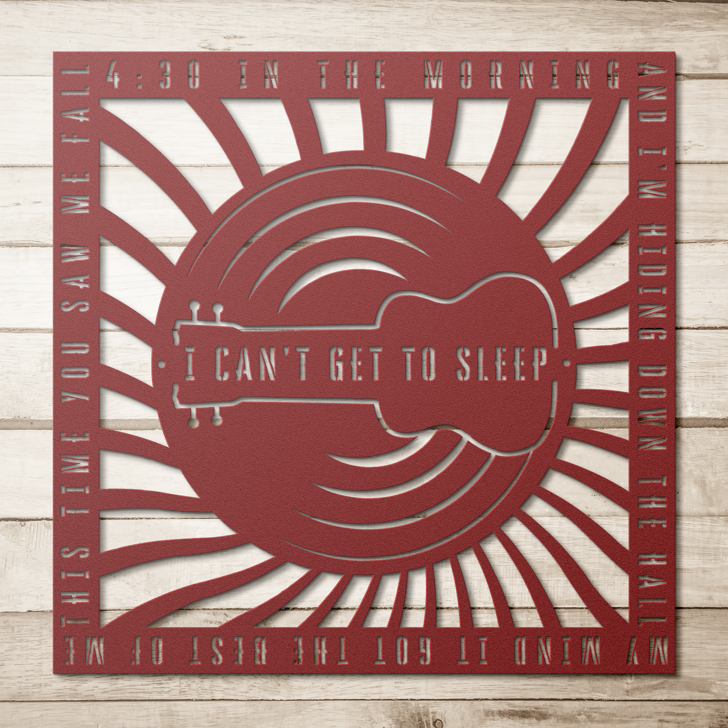 Personalized_Lyrics_Die-Cut_Metal_Sign_Red_Simple_Wood_BKGD_Mockup.png