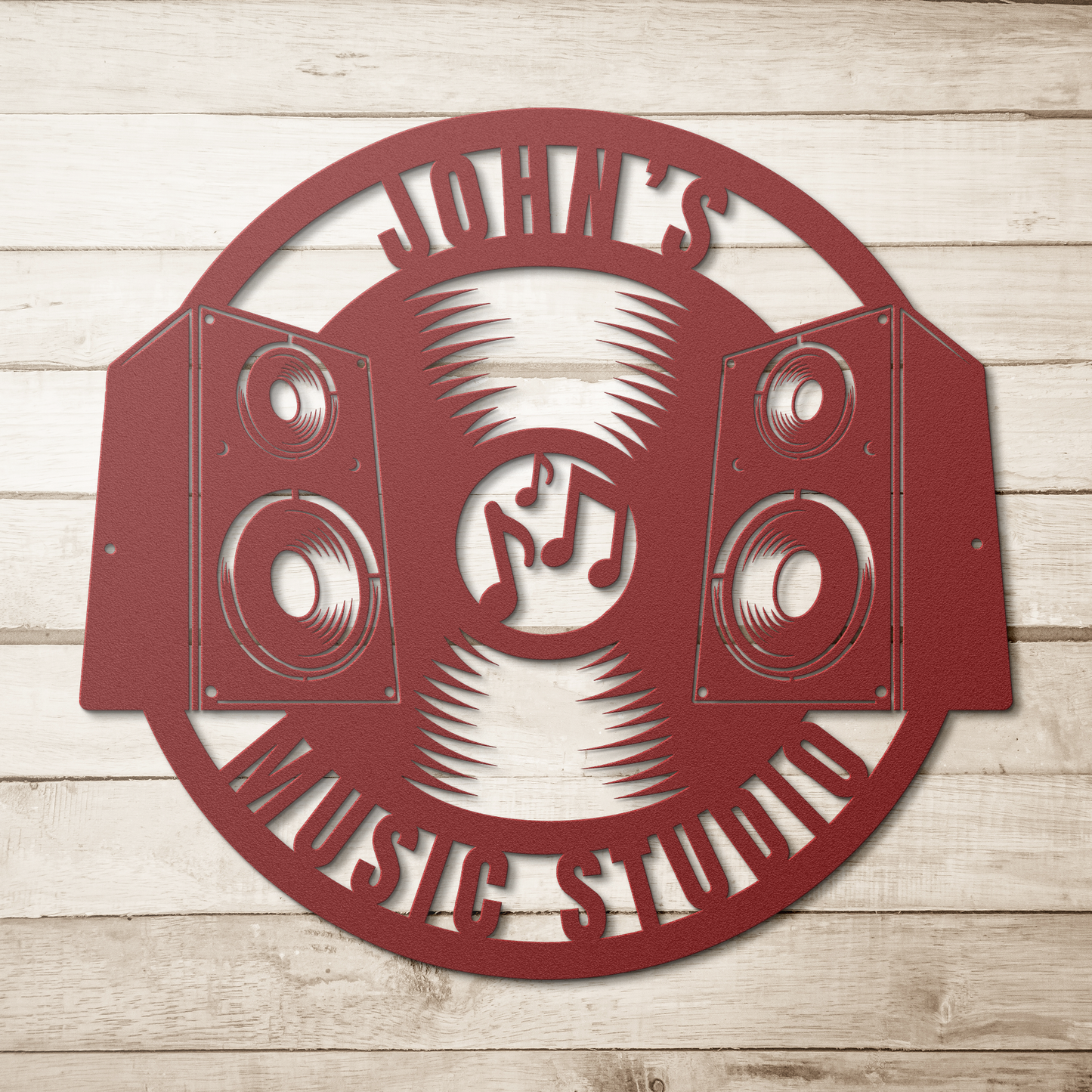 Personalized_Music_Studio_Die-Cut_Metal__Red_Simple_Wood_BKGD_Mockup.png