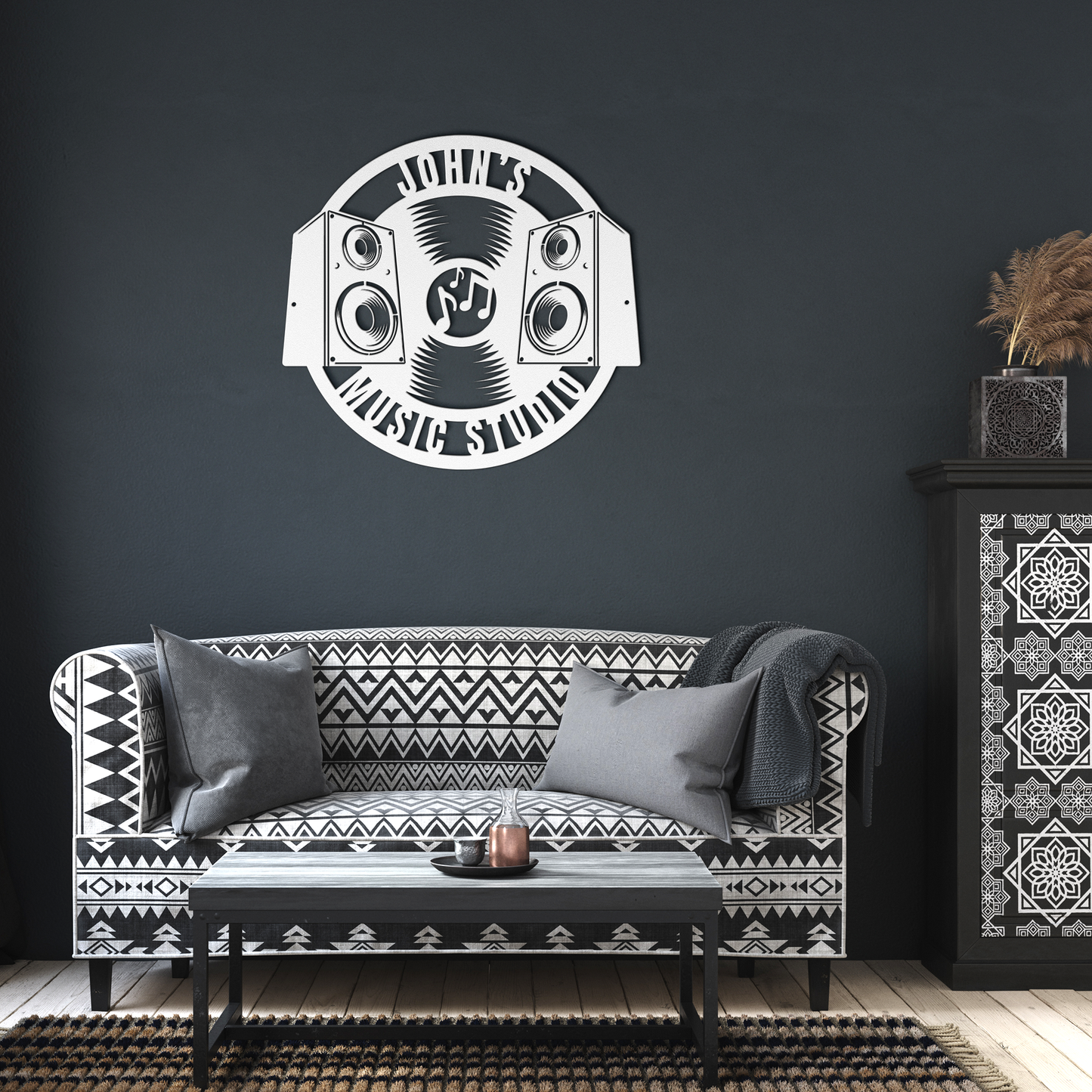 Personalized_Music_Studio_Die-Cut_Metal__White_Dark_Living_Room_Mockup.png
